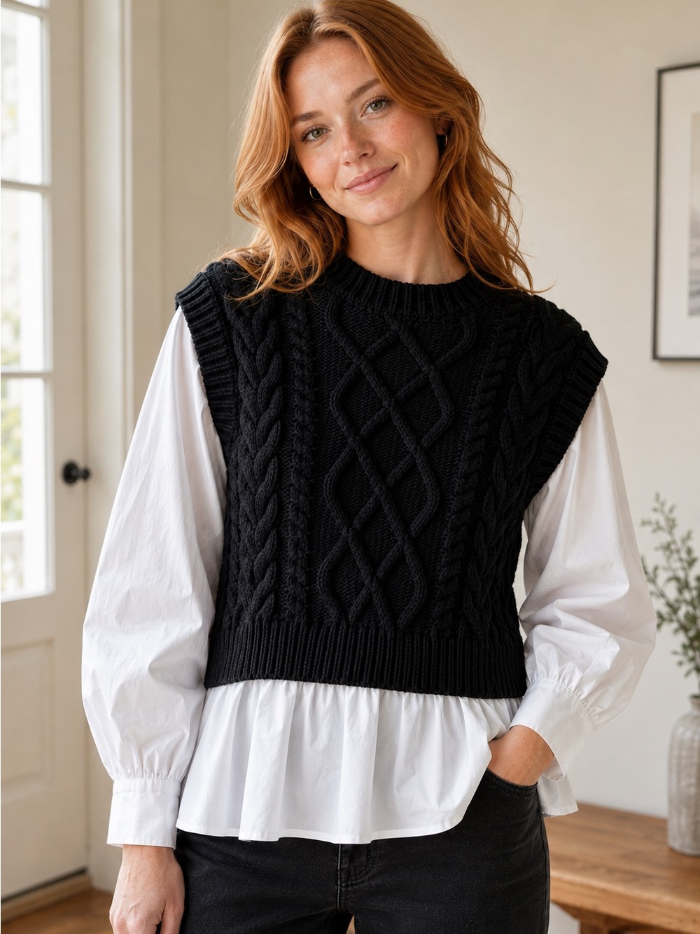 English Factory Mixed Media Cable-Knit Sweater Vest and Long Sleeve Blouse - S